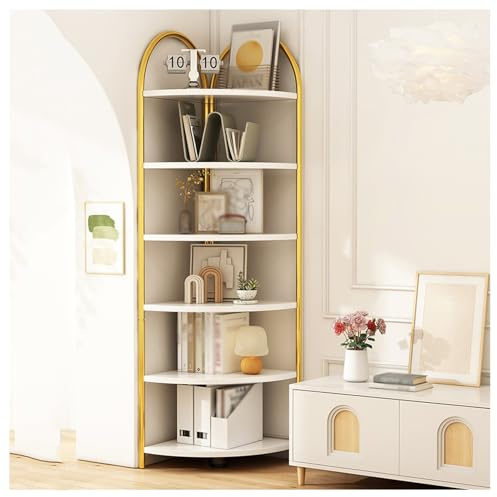 Gold Tall Corner Bookshelf - L-Shaped Etagere Bookcase for Home Office, Study, Living Room - Small Space Storage Solution, Modern Design, Stylish Bookcase