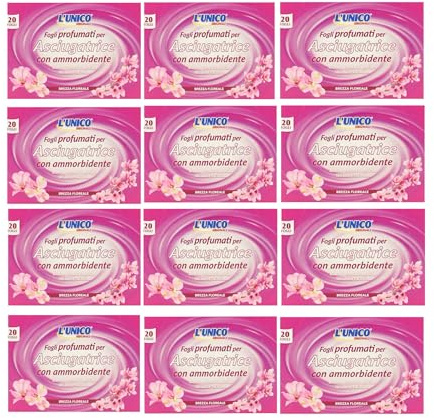 Fogli Profumati per Asciugatrice, Set Risparmio da 6 o 12 Confezioni, 20 Fogli Monouso per Confezione, Funzione Ammorbidente, Profumazioni Primavera e Floreali (x12, Brezza Floreale)