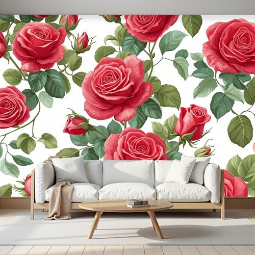 Carta Da Parati Effetto 3D Romantiche Rose Rosse 450×315cm, Fotomurali Non Tessuto XXL, Decorazione Poster Arte Murale Fiori Dipinti A Mano per Casa Ufficio Camera Letto Soggiorno