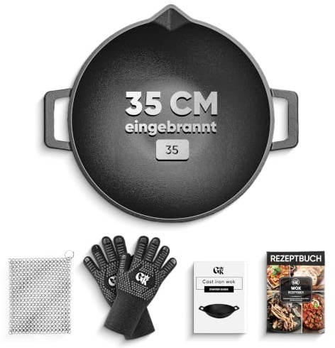 GUSSKÖNIG Gusseisen Wok Pfanne - 35 cm robuste Wokpfanne für Gasgrill, Herd, Ofen und Lagerfeuer - Gusseisen Wokpfanne inkl. Ringreiniger, Grillhandschuhe & Rezeptbuch - 30 Jahre Garantie