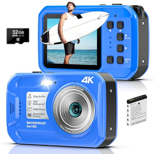 Digitalkamera, Yixinxin Unterwasserkamera 4K 64MP 16FT wasserdichte Kamera zum Schnorcheln, IPS HD Bildschirm 16X Digitalzoom und 32GB Karte