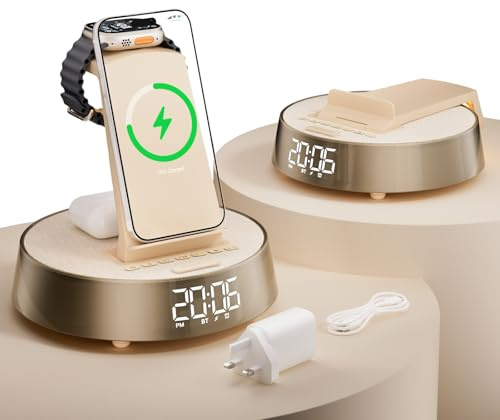 FREEFISH Wireless Charging Station, 25W Fast Wireless Charger, Bluetooth Speaker with Dimmable Night Light, Radio Alarm Clock with Wireless Charging for iPhone and Samsung, Apple Watch, AirPods