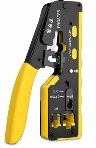 Pinza Crimpatrice Professionale RJ45 Pass Through per CAT5, CAT6, CAT6A, CAT7 - Taglia e Spela Cavi - Giallo e Nero