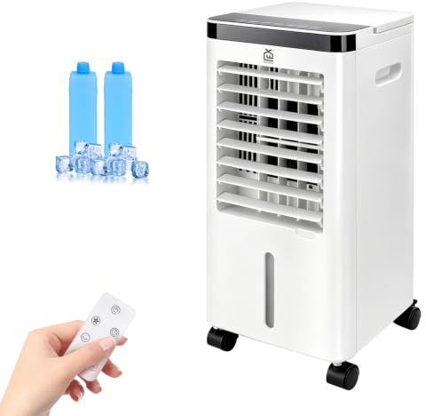 Climatizador Evaporativo 3 En 1, 65W, Función Fría, 3 Velocidades, 3 Modos, Panel Táctil, Depósito de 5L, Temporizador 12h, Filtro Lavable, Mando a Distancia, Incluye 2 acumuladores de frío