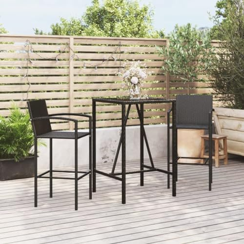 Ziaphsol 3-delat trädgårdsmöbelset, svart poly rotting sittgrupp loungegrupp med bord och barstolar för terrass, balkong, trädgård, utomhus, möbelset med härdat glasplatta, väderbeständig
