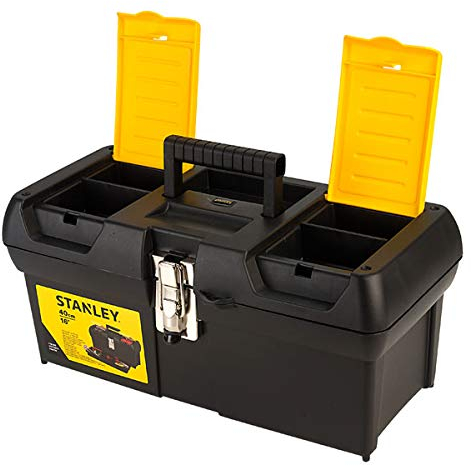 STANLEY Caja de Herramientas Milenium, Resistente Polipropileno, Bandeja Extraíble, Organizadores en Tapa, Cierres Metálicos, Asa Bimaterial, dimensiones en cm 41,1 x 19,9 x 18,5, 1-92-065