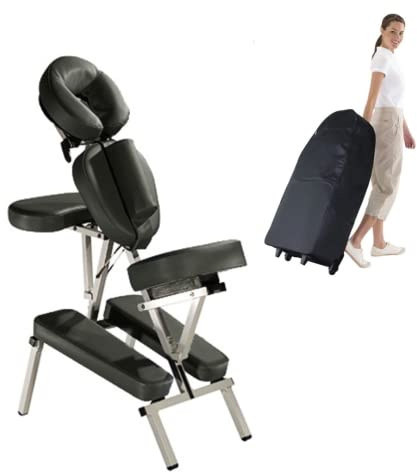 Porta-Lite Advantage Portable Massage Chair - Fully Adjustable + 7kg Lightweight Mobile Therapy Treatment + Wheeled Carry Case + Chest Sternum Pad + Face Cradle Cushion - Compact + Easy Setup (Black)