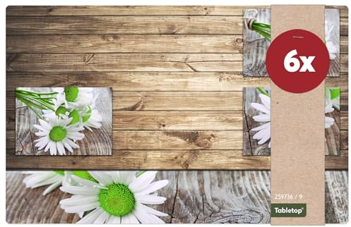 Tischsets 6er als abwaschbare Frühling und Sommer Tischdeko - Platzsets weiße Margeriten Blumen als Tischuntersetzer in 43 cm - Platzdeckchen als Tischunterlage für Esstisch Wohnzimmer Tisch