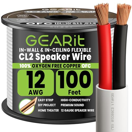 GEARit 2x4mm² Speaker Cable OFC,UL CL2 Rated 12 AWG Wire 30.48 m/100 ft,Copper Wire with Polarity Mark,Speaker Wire for In-Wall Home Cinema,Home,Car Stereo,Commercial Audio Systems(White) | 12 AWG White Speaker Cable with Foot Markers,Polarity Marked for In-Wall Home Theater,Car Stereo,Commercial Audio(OFC,White)