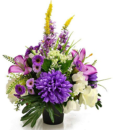 Angraves Edie Artificial Flower Graveside Purple Lily & Rose Cemetery Memorial Arrangement