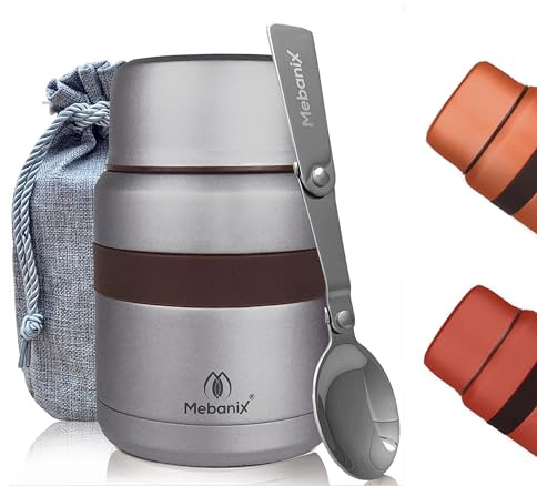 Mebanix Food Flask for Hot Food, Soup | 400ml Stainless Steel Double Walled Vacuum Insulated Leakproof Jar with Folding Spoon | BPA Free | 6 hrs hot 10 hrs cold | For Adults and Kids. Grey.