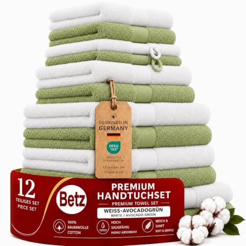 Betz Premium Handtuch-Set 12-teilig – 100% Baumwolle – Oeko-TEX® Zertifiziert – 470 g/m² – 2 Duschtücher, 4 Handtücher, 2 Gästetücher, 2 Seiftücher & 2 Waschhandschuhe - Farbe weiß/avocadogrün