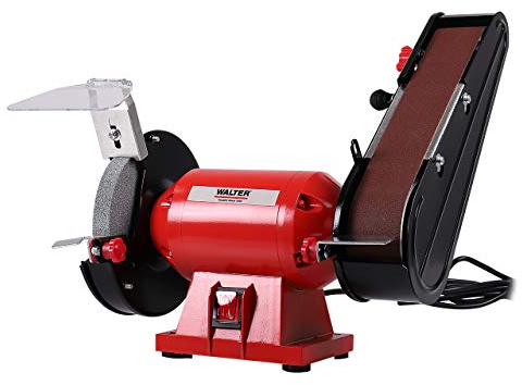 WALTER Kombischleifer 240 W, 230 V, Schleifbock, Funkenschutz, inkl. Schleifband & Schleifscheibe, sehr kraftvoll, Leerlaufdrehzahl 2950 min-1, an der Arbeitsfläche fixierbar, justierbarer Bandlauf