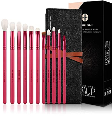 Lot de 11 pinceaux de maquillage essentiels pour fard à paupières, fard à paupières, vegan avec pinceau mélangeur, pinceau de détail, pinceau à sourcils, pinceau eyeliner à pointe incurvée rouge