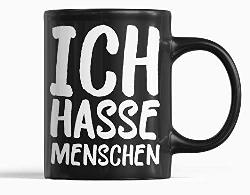 tshirtladen ICH HASSE MENSCHEN Tasse schwarz lustige Kaffeetasse mit Spruch Statement Spruchtasse 300ml aus Keramik für Arbeit Homeoffice Büro Alltag mit Ironie