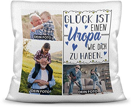 PR Print Royal Kissen inkl. Kissenfüllung mit Fotocollage zum selbst Gestalten mit DREI Fotos und Spruch - Glück ist, einen Uropa wie Dich zu haben - Kissen Weiß flauschig, 40 x 40 cm