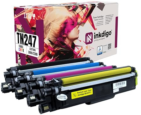 INKDIGO Toner Set, Kompatibel mit Brother TN247, 4 Farben - Schwarz, Rot, Blau, Gelb, Bis zu 3000 Seiten - Hochwertiges Druckerton Kit für Laserdrucker