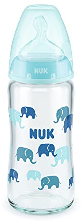 NUK Första valet+ glas babyflaska med temperaturkontroll, ortodontisk sugkopp, 240 ml, 0–6 månader, blå