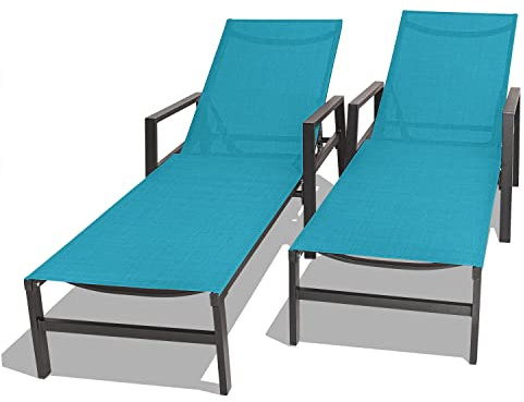 FRANKYSTAR Tigri 2er Set Gartenliege aus Aluminium und Textilene - Design Sonnenliege mit Armlehnen und Rückenlehne 5-fach verstellbar - Hellgrau oder Türkis