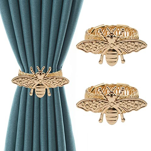 UFURMATE Alloy Bee Curtain Holdbacks - 2Pcs Gold Window Curtain Tiebacks with Stretchy Wire Rope for Home Decor
