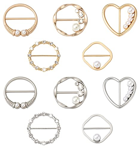 PandaHall 10 Stück T-Shirt-Clips Imitation Perle & Strass Metall Schal Clips Ring 5 Stile 2 Farben Hemd Seidenschal Krawatte Kleidung Bluse Verschlüsse für Frauen Mädchen Dekoratives Zubehör