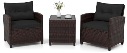 GIANTEX Rattan Gartenmöbel Set, Balkonmöbel Kleiner Balkon, Lounge Gartenmöbel Set, Balkon Möbel für 2 Personen, Gartenlounge Set 2 Sessel & Tisch, 3 tlg. Gartensitzgruppe inkl. Sitz- und Rückenkissen