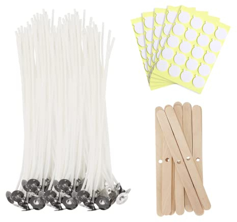 JEAWIWI 100 Pcs Cotton Candle Wicks, 8 in, with Wick Stickers & Holders