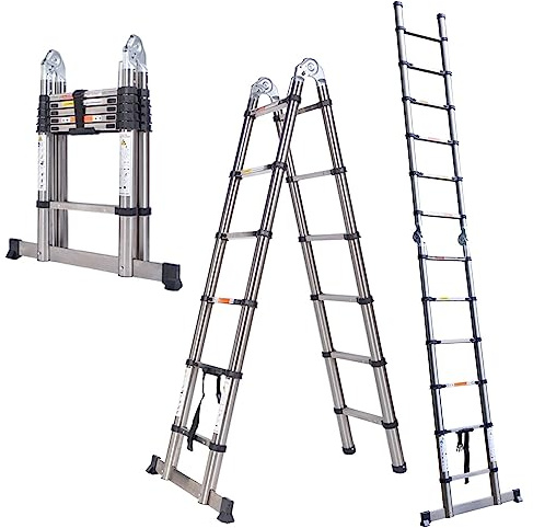 Extending Ladder Telescopic Folding Ladder, 2.5m + 2.5m Telescopic A Frame Ladder, Multi-purpose Ladder, 150kg/ 330lbs Max Load, Portable Ladder for Roof Home Loft Warehouse Outdoor