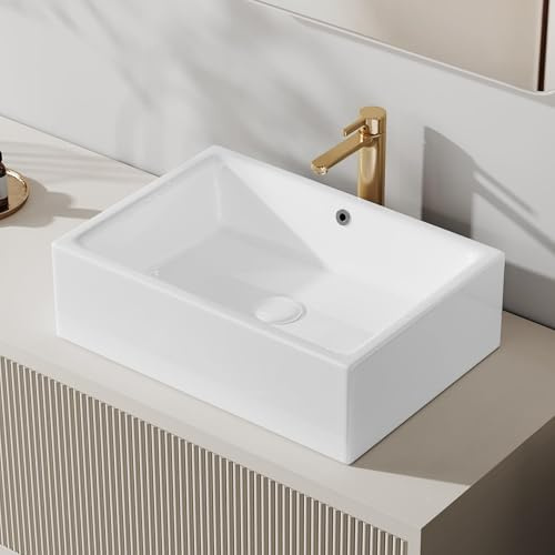 Eridanus 20 x 14 Rectangle Bathroom Vessel Sink, Overflow Countertop Bathroom Sink Ceramic, Sleek and Contemporary, Glossy White
