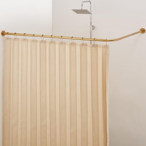 Crkmire L Shaped Shower Curtain Rail, [61-134 cm] x [61-134 cm] Adjustable Corner Shower Pole No-Sagging 90 Degree Curved Curtain Rod for Bathroom Bathtub with 12 Ring Hooks & Ceiling Support
