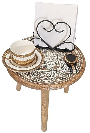VANIYA CRAFTS® Wooden Engraved Fold-able Side Table/End Table/Plant Stand/Stool for Living Room Bedroom Restaurant Kids Play Furniture Table Round Shape (Natural White 1)