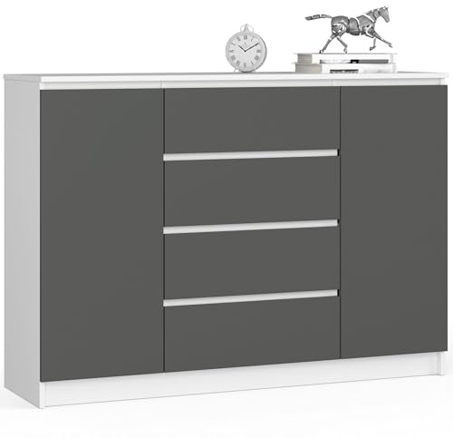 AKORD Kommode K 140 cm 4 Schubladen und 2 Türen | zum Wohnzimmer Schlafzimmer Arbeitszimmer | Modernes funktionales Design | Schichtstoffplatte Farbe weiß/Graphitgrau