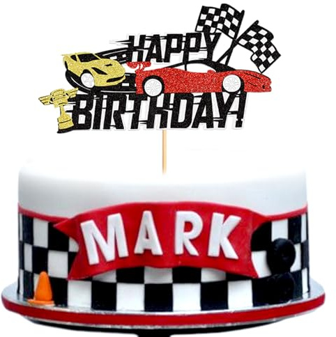 Blumomon 1 x Rennwagen-Kuchenaufsatz, Glitzerrad, Trophäe, Flagge, Helm, Rennauto, Kuchenpicker für Rennsport, Motto-Party, Babyparty, Jungen, Geburtstagsparty, Kuchenzubehör