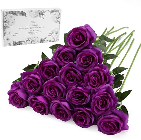 Tifuly Purple Fake Roses Artificial Flowers - 16 Pcs Fake Artificial Purple Roses Silk Flowers with Stems for Home Wedding Hotel Office Centerpiece Decor