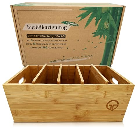 GP Get Productive Karteitrog für 1500 DIN A5 Karteikarten, inkl. 4 einstellbaren Trennbrettern der Holz-Karteitrog quer, Karteikasten Bambus Holz Lernbox glanzbeschichtet in premium Qualität
