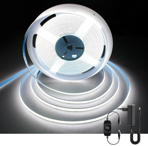AXMOTUT COB LED Streifen 10m, Kaltweiß 6000K 24V 320LEDs/M CRI90 LED Strip Light, Dimmbar LED Streifen mit Netzteil, für Zuhause Partei deko, DIY Dekoration