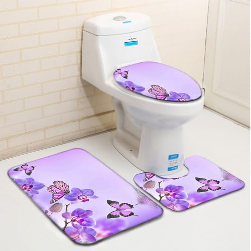 rutschfeste Badematte Sets Lila Rosa Schmetterling 3-Teiliges Badezimmerteppich-Set Weich Badteppich Schnell Trocknend Badvorleger mit WC Deckelbezug