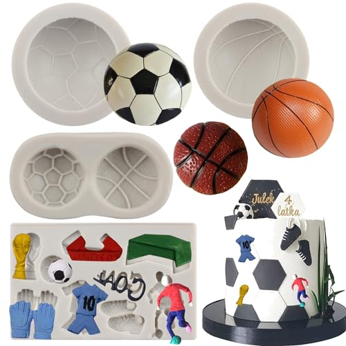MYPRACS Juego de 4 moldes de silicona con diseño de fútbol para decoración de tartas, decoración de cupcakes, azúcar, caramelo, arcilla, chocolate, pasta de goma, MY441CK