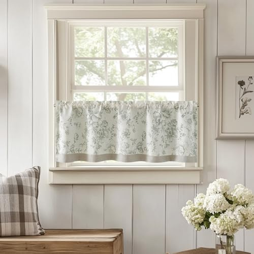 TOPICK Leinen Scheibengardinen Blickdicht Küchengardinen Frühling Landhausstil Gardinen Floral Verdunkelnd Vorhänge Kurz Bistrogardine Volant Wohnzimmer Fenster 1er Pack Grün auf Beige 45B x 125H(cm)
