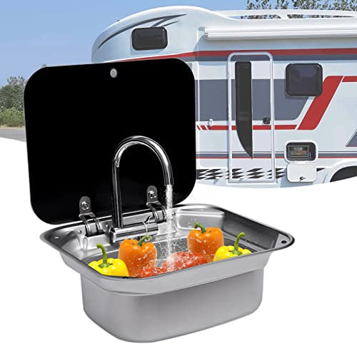 Wohnmobil Spülbecken Küche | Edelstahlspüle | Einbauspüle | RV Camping Spülbecken | Inkl. Deckel & Wasserhahn | Edelstahl Waschbecken Küche | Für Rv, Camper, Wohnmobil (42 x 37cm)