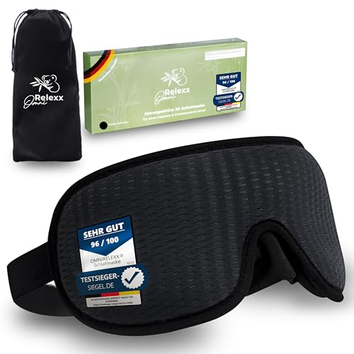 OMNIRELEXX Schlafmaske für Frauen und Herren – Atmungsaktive Schlafbrille – Bequeme und weiche Augenmaske - Lichtblockierend - Reisebeutel - 3D Vertiefung für die Augen - Memory Schaum (Schwarz)