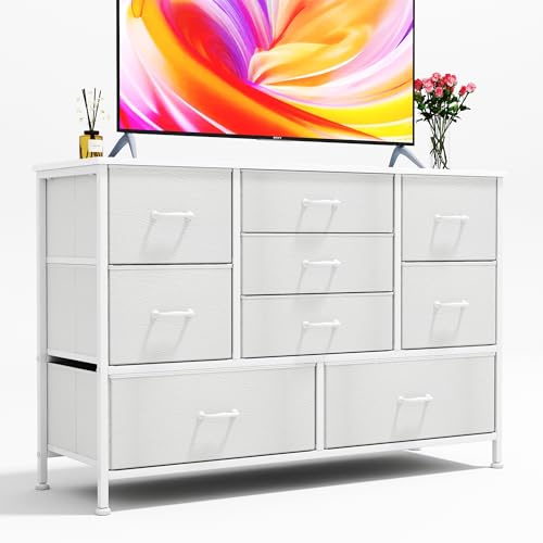 CAIYUN Chest of Drawers, Dresser for Bedroom with 9 Drawers, Wood Top Tall TV Stand Large Storage Organizer Unit Shelf with Fabric Drawers, Living Room, Hallway, Entryway, Closet, Metal Frame White