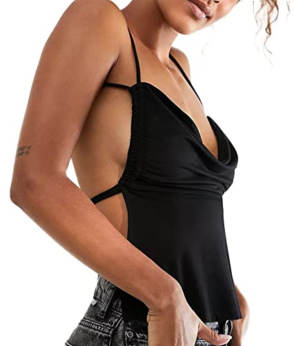 Women Backless Halter Crop Top Y2k Cowl Neck Sleeveless Ruched Camisole Tank Top Fairy Grunge Vintage Mini Vest Summer Clubwear (Black-f, M)