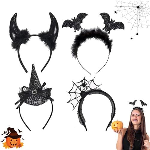 FaJoek Halloween Haarreif Set - 4 Stück Spinnen Netz, Hexenhut, Teufelsohren Haarband - Deko Accessoire für Halloween, Karneval & Fasching