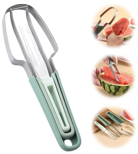 3-in-1 Melonenschneider Edelstahl Obstschneider, 2024 Neu Wassermelonen Schneider, Wassermelonen-Fruchtschneidegabel, Edelstahl Küchenwerkzeug Cutter DIY Obstsalatschneider (Grün)