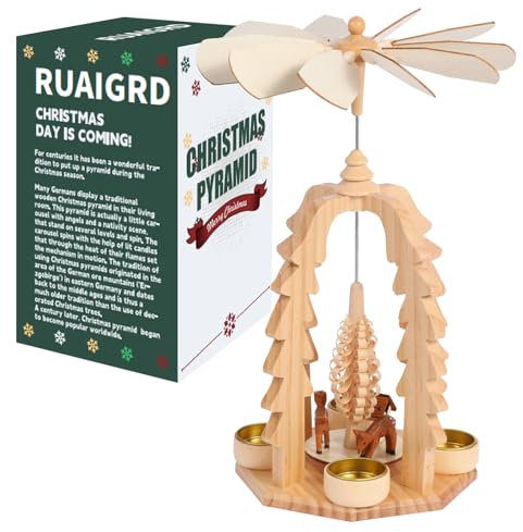 Pirámide de Navidad de madera de 14 pulgadas con portavelas, juego de belén con acabado de madera natural (RG001-2)