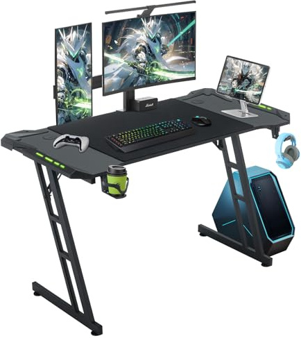 Kidsgigglz Gaming Tisch Mit LED - 120 x 60cm Schreibtisch Mit Getränkehalter, Kopfhörer Haken - Ergonomischer Computertisch für Hause, Büro, Eckschreibtisch