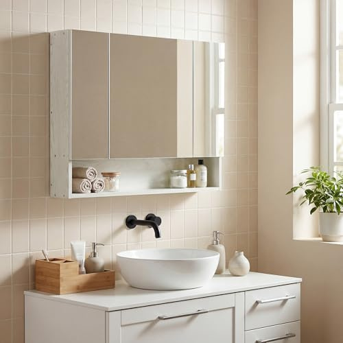 kleankin Armario de Baño con Espejo Armario de Pared con 3 Puertas Estante Ajustable y Compartimento Mueble de Baño Colgante para Salón 90x15x75 cm Blanco