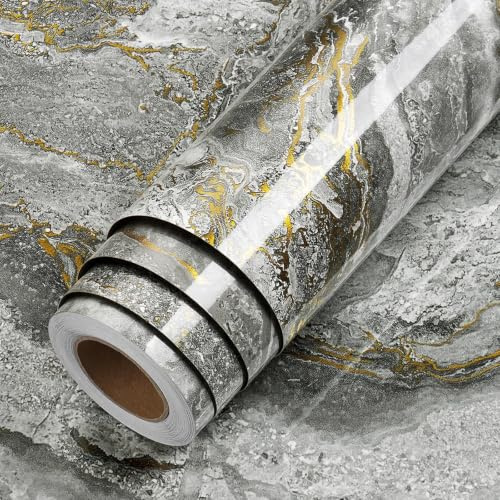 LaCheery Papel Adhesivo para Muebles Efecto Marmol Vinilo Adhesivo Cocina Gris y Dorado 60cm x 400cm Impermeable Papel Tapiz Autoadhesivo para Muebles Decorativo Vinilo Adhesivi para Armario Encimera