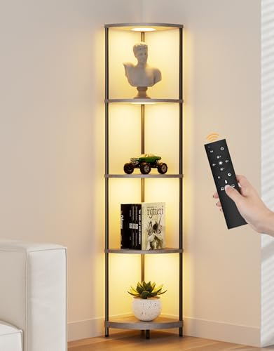 Corner Shelf with RGBCW LED Light, 64.5” Tall Floor Lamp Narrow Bookshelf Organizer, Standing Shelves with Metal Pole, Display Storage Rack for Wall Corner, Living Room, Bedroom, Office Décor, Grey